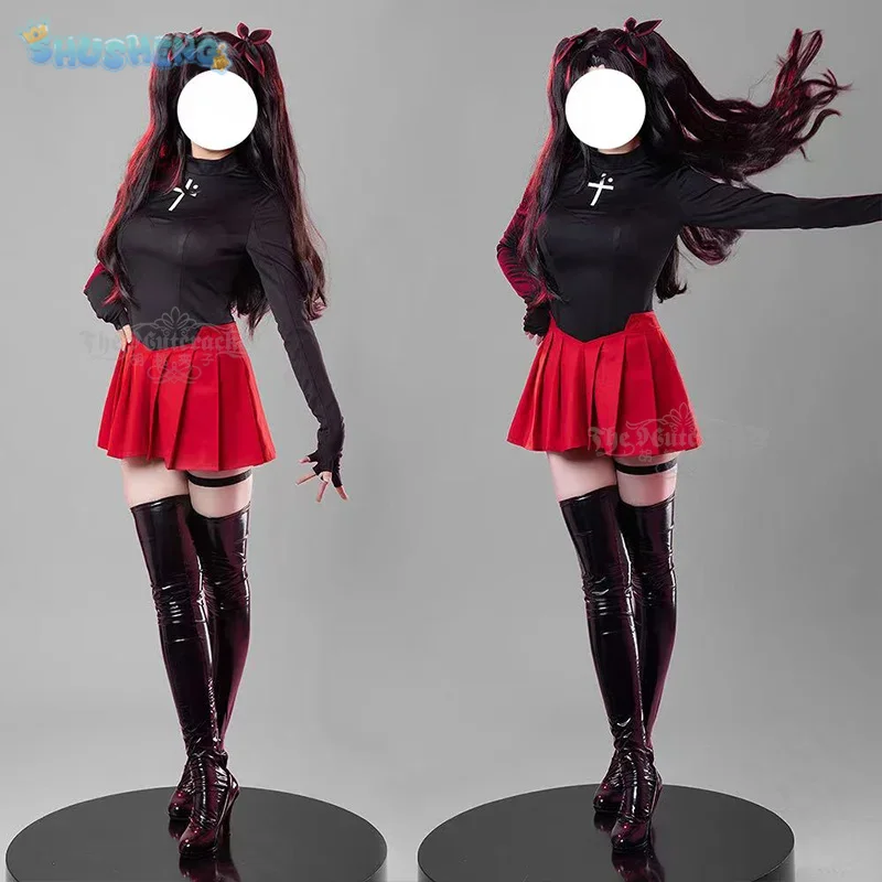 Fate/stay night tohsaka Rin cosplay average one costume fashion top short skirt leather socks,accessory set Party casual uniform