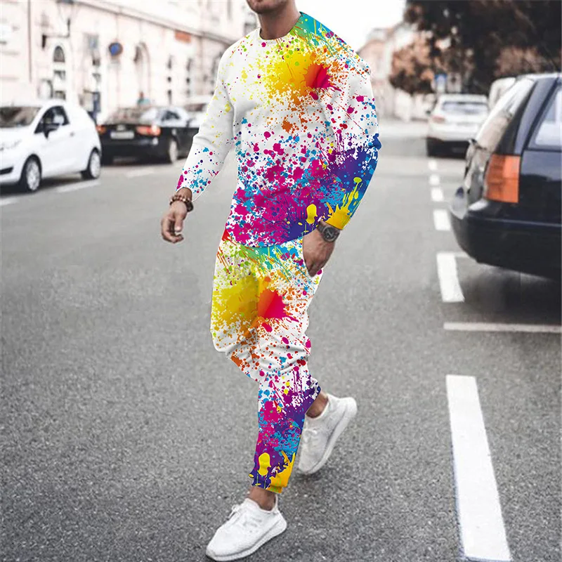 Colorful Graffiti Style Men's Sports T-Shirts Sets 3D Print Long Sleeve Tshirt Pants Suits Casual Men's Clothing 2Pcs Jogger Set