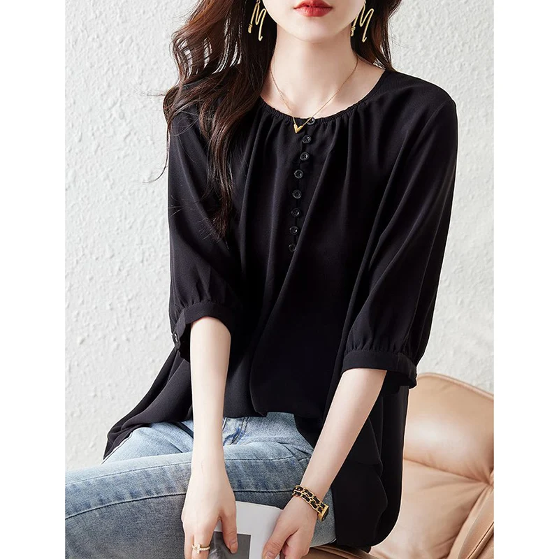 Fashion O-Neck Button Solid Color Folds Casual Blouses Women\'s Clothing 2024 Autumn New Loose Commuter Tops All-match Shirts