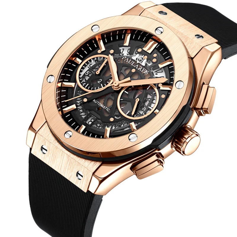 Imitation Automatic Mechanical Rubber Band Multi-Function Running Seconds Timing Rose Gold Men's Quartz WatchWATCH