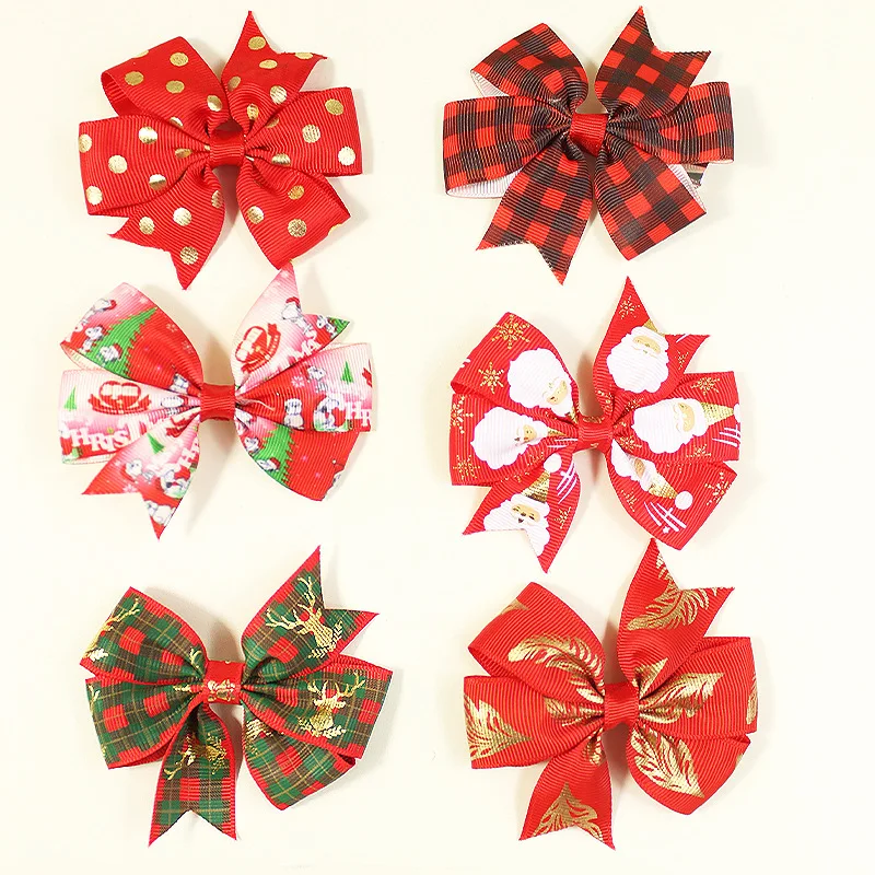 2 PCS/Lot 2024 New Christmas Ribbon Bow Hair Clip Kids Girls Pinwheel Hair Bow Clips For Xmas Holiday Baby Hair Accessories