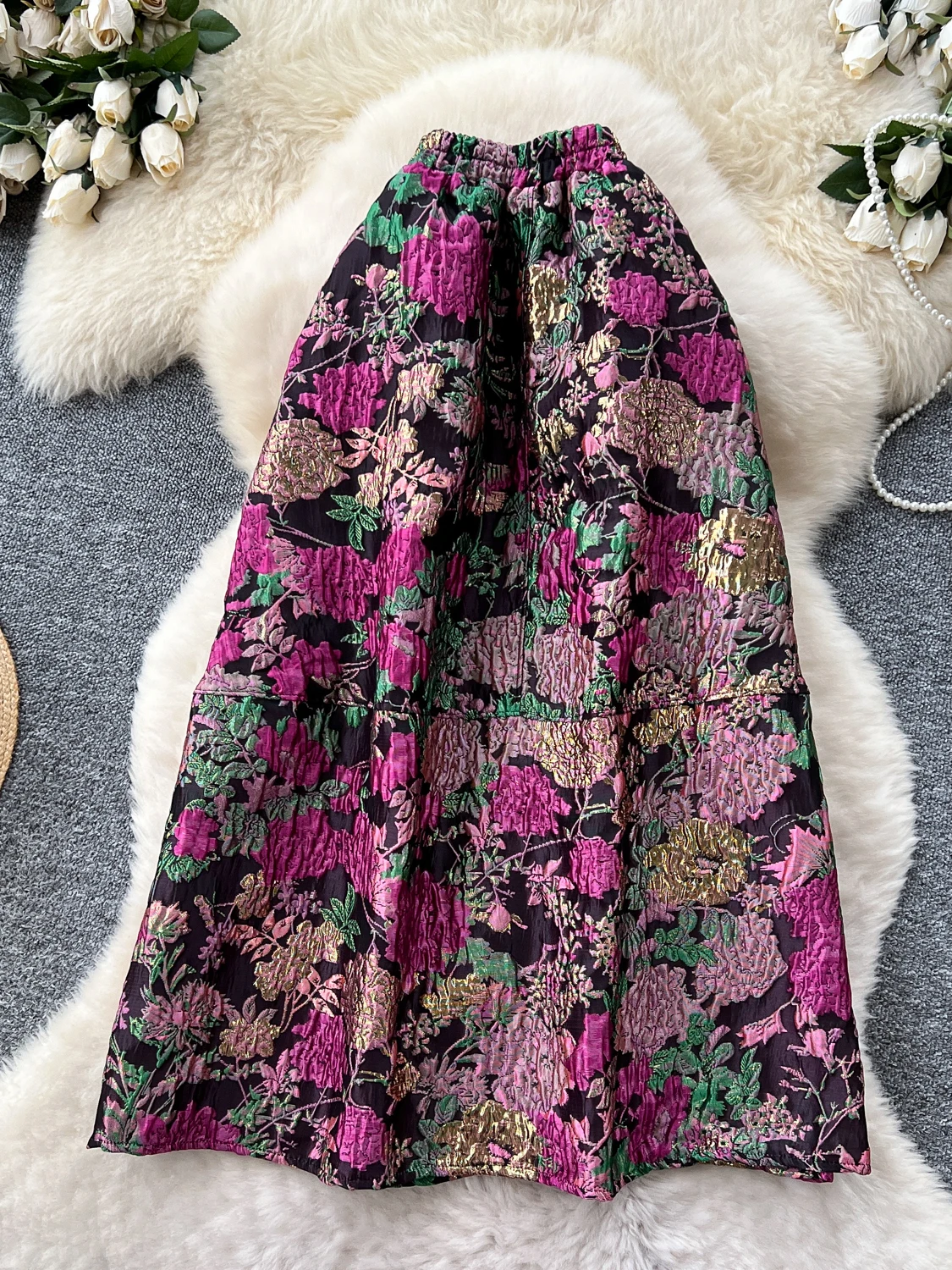 Retro Court Gold Emed Fluffy Midi Skirt Women's Autumn High Waist A-Line Skirt Slimming Versatile Ci Commute Sle