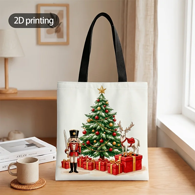 Christmas Tree Nutcracker Reindeer Canvas Tote Bag Xmas Gift Box Bauble Print Large Capacity Handbag Reusable Bag Holiday Gift