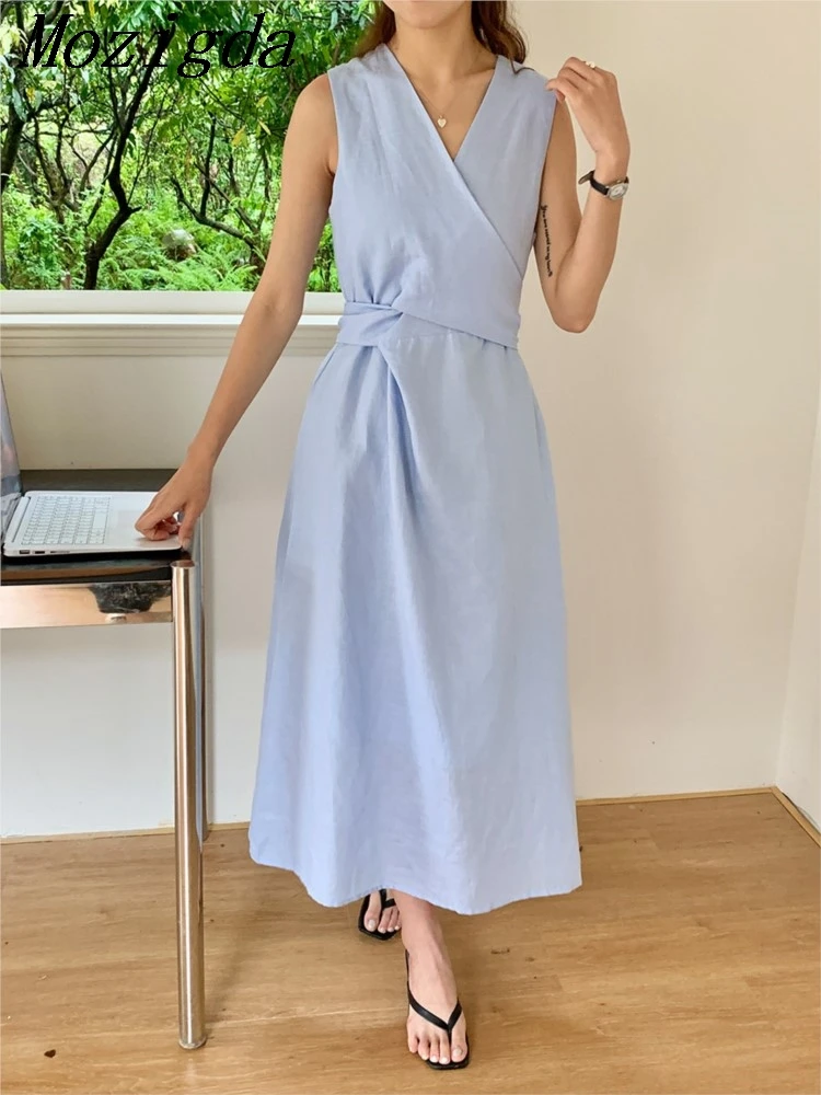 

Summer Sleeveless Vests Dress Women Irregular Slim Waist Pleated Fashion V-Neck Ladies Dresses Korean Style Woman Midi Dress