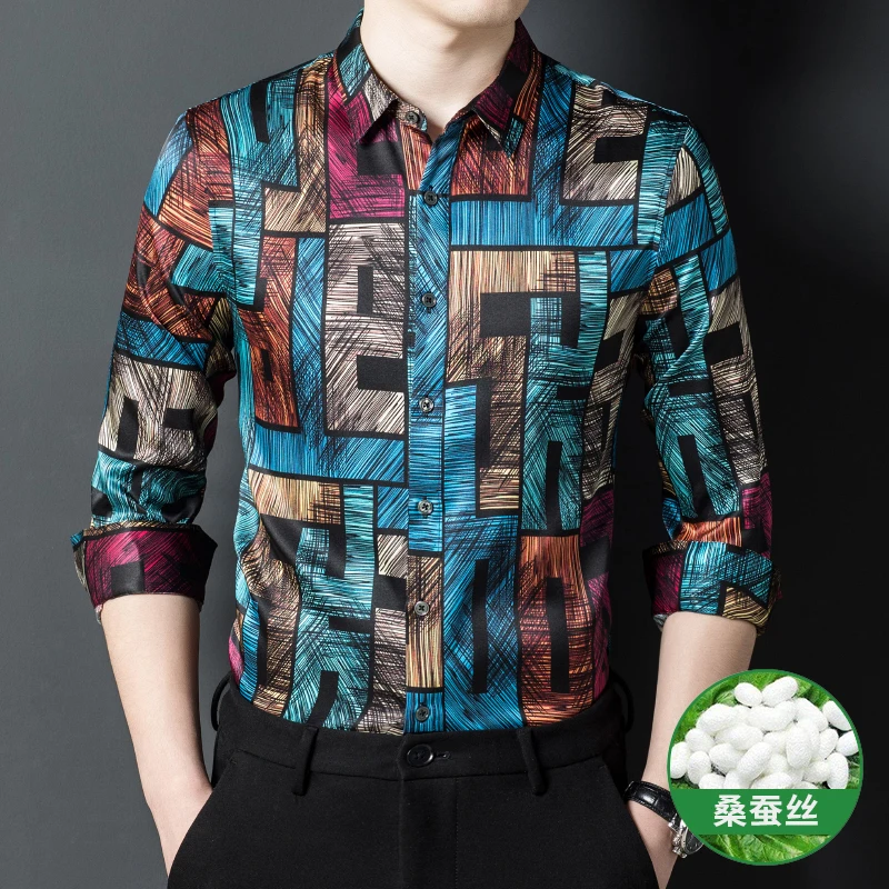 

Classy Gentleman Shirts For Men Long Sleeve Silk 90.8% Coolness Summer Quality Smooth Comfortable Casual Print Camisas De Hombre