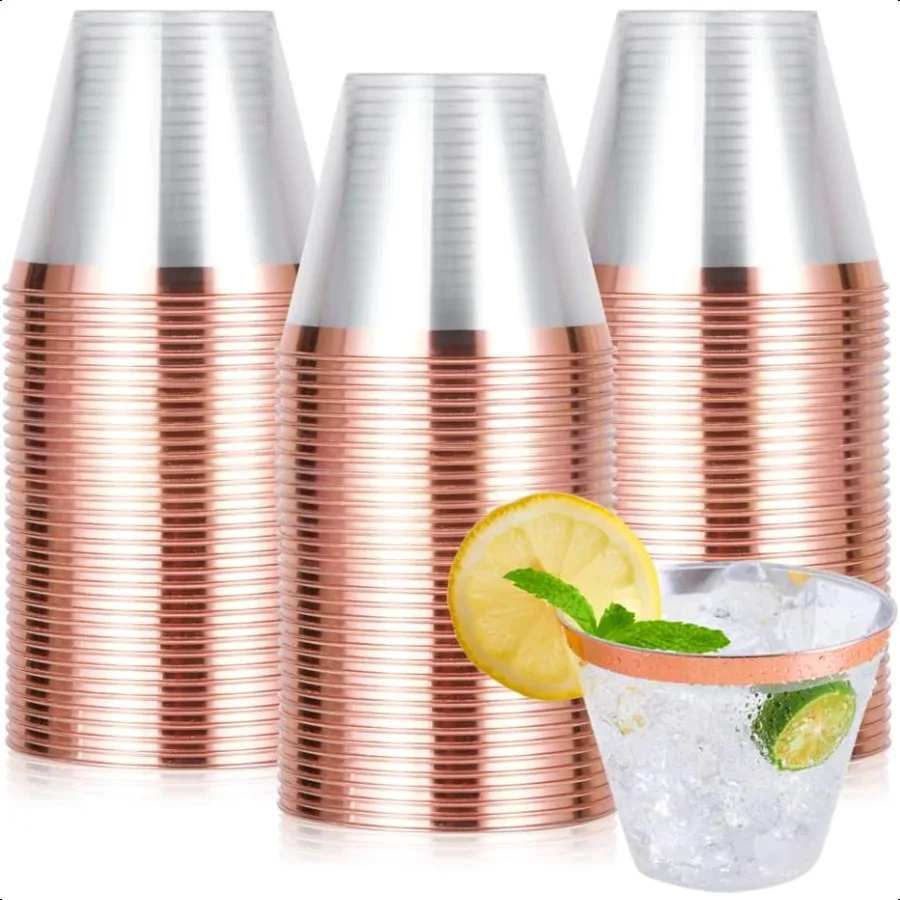 

100 Pack Rose Gold Plastic Cups 9 oz Clear Plastic Tumblers Elegant Rose Gold Rimmed Cups Glasses Perfect for Wedding Thanksgi