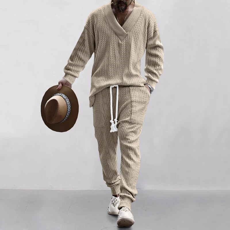 

Men's V-Neck Long Sleeved Top And Pants Slim Fit Two-Piece Set, Fashionable Street Casual Knitted Solid Jacquard Sweater Set