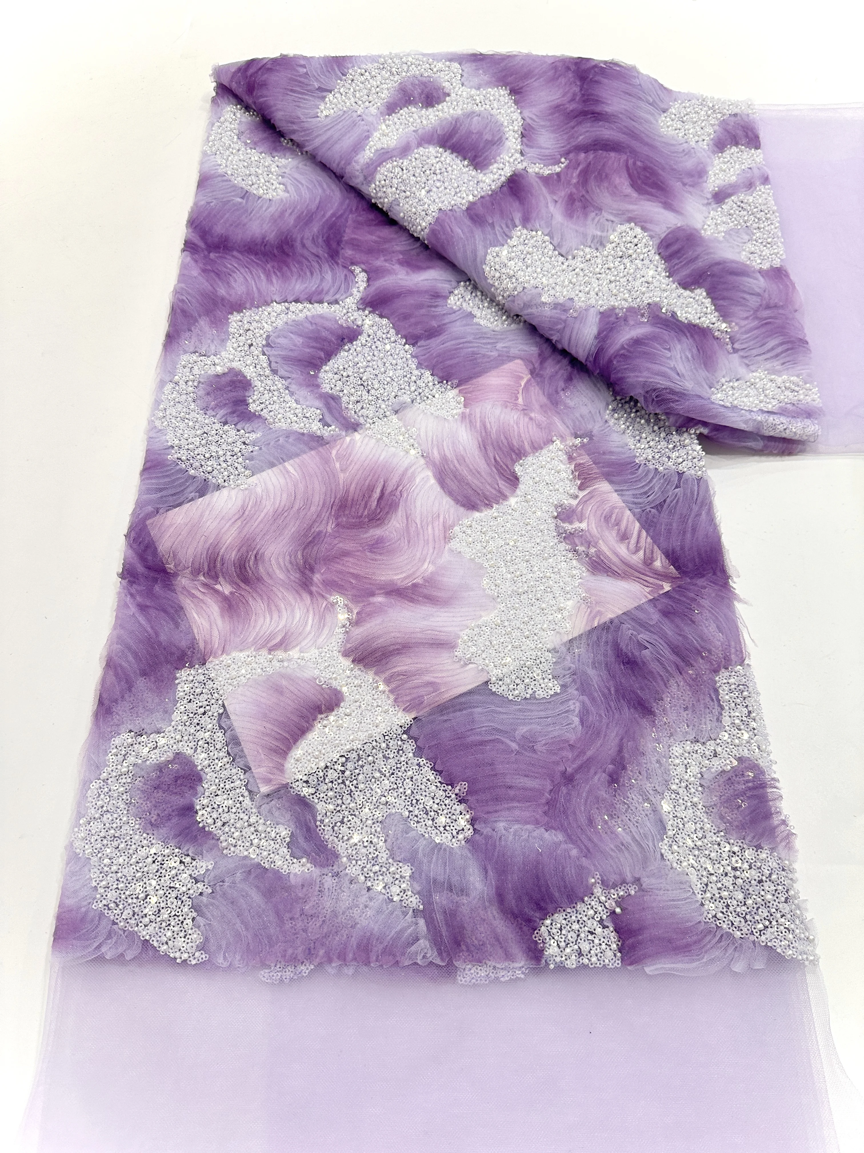 

Good Looking High Quality Purple Color Beade French Fabric African Sewing Lace Classic and Unique Design 5 Yards for Lady