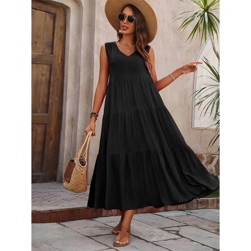 Saia feminina 2025 nova elegante férias cor sólida com decote em v em camadas emenda hem vestido solto bolo saia elegante temperamento conforto