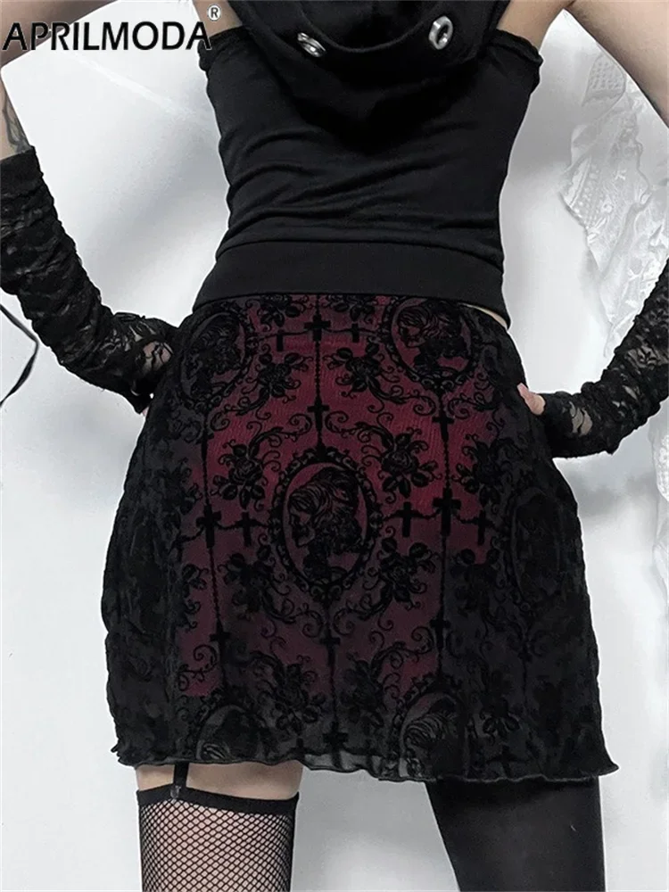 Gothic Black Red Summer Harajuku Y2k Mini Wrap Pencil Skirt 2024 Patchwork Aesthetic 2 Layers Kpop Velvet Party Casual Skirts