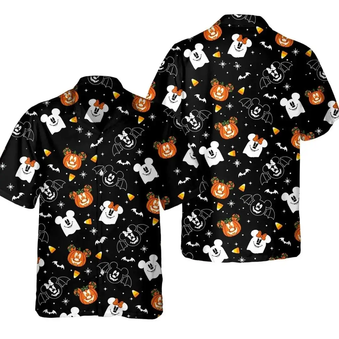 2024 New Disney Halloween Hawaiian Shirt Men Women Short Sleeve Button Up Mickey Vacation Family