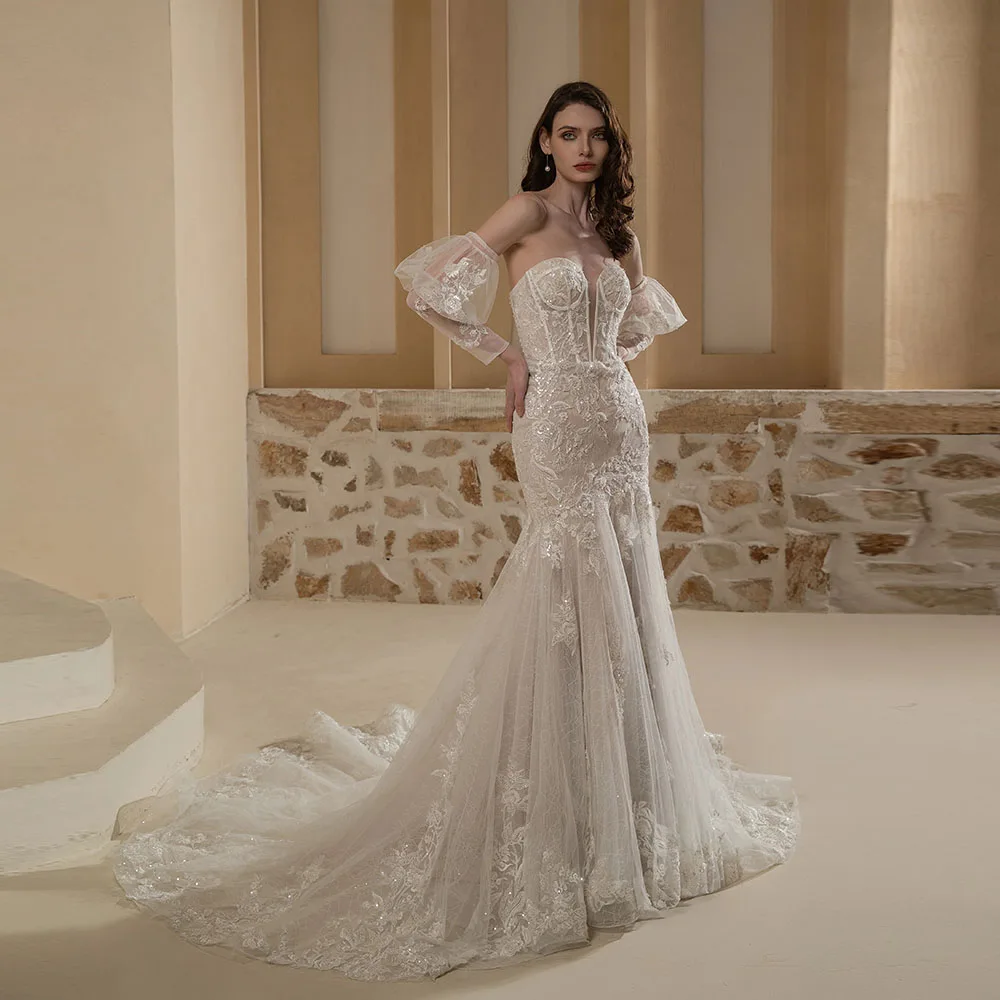 

Customized Sweetheart Wedding Dresses Mermaid Lace Appliques Off the Shoulder And Detachable Flared Sleeve Vestido De Casamento