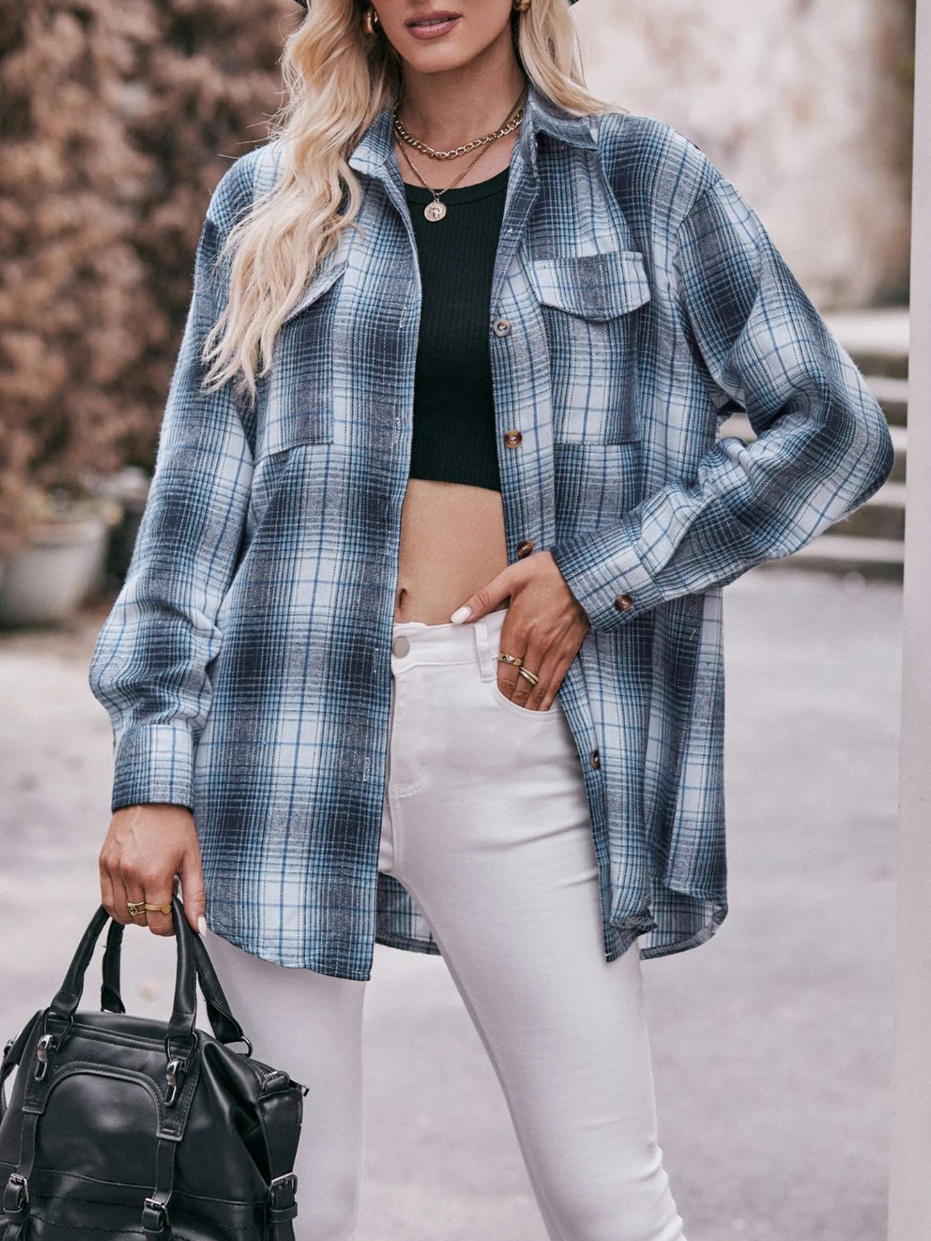 Damen Slim Fit Kariertes Hemd Einreiher Manschettenärmel Casual Basic Herbst Top