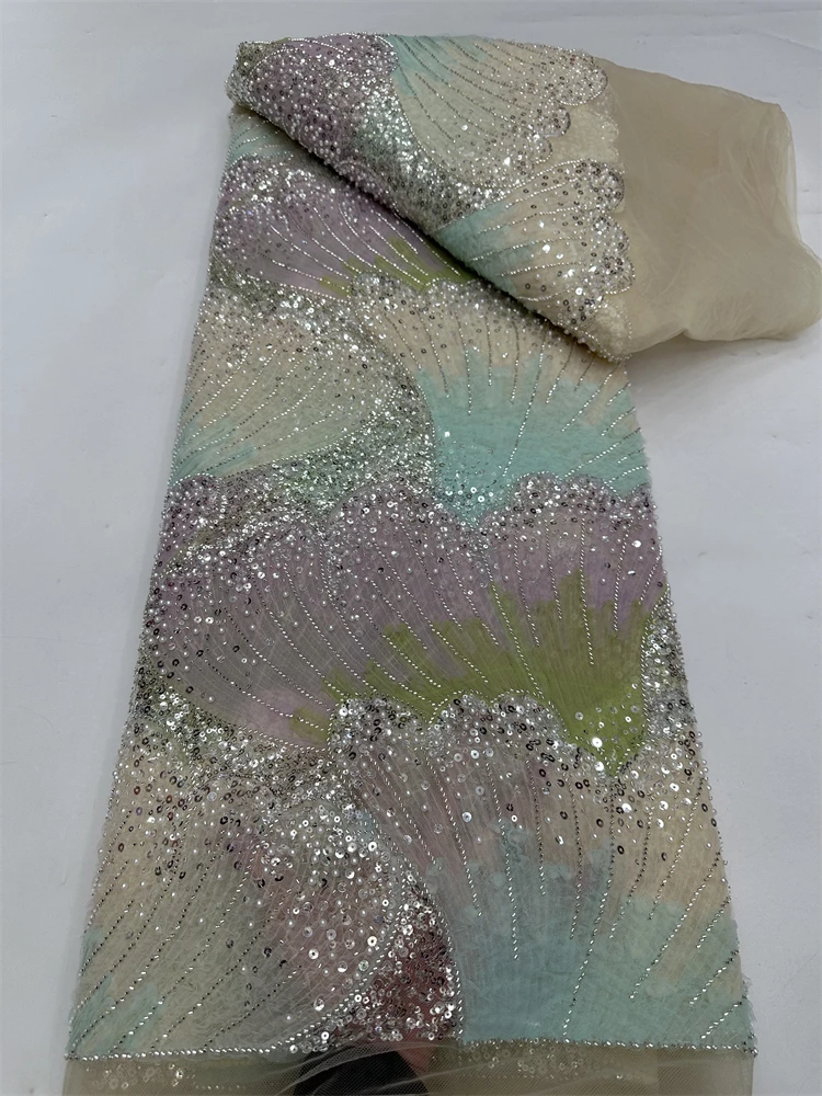 Новейшая африканская кружевная ткань с блестками, 2025 г., высококачественная кружевная сетчатая ткань с вышивкой бисером, 5 ярдов для женщин, свадебное платье