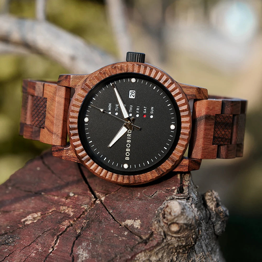 BOBO BIRD Watches Men's Quartz Wooden Wristwatches Date Week Display Wood Timepieces For Men Great Gift Dropshipping Custom