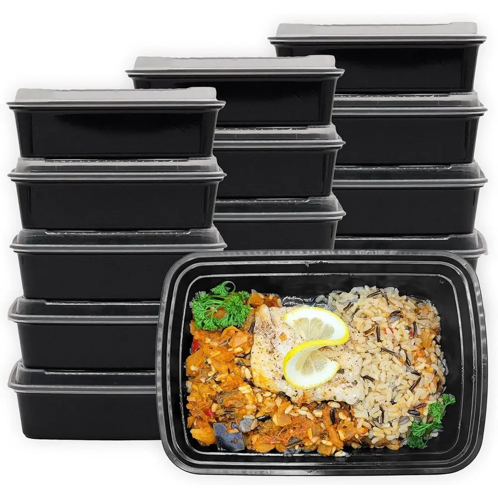 

28 oz Black Plastic Food Storage Containers with Lids, Microwave Safe, Set of 150