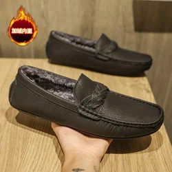 Plush Penny Loafers Men Casual Shoes Winter Keep Warm Leather Fur Man Moccasins Slip on Flats Mens Driving Shoes 2024