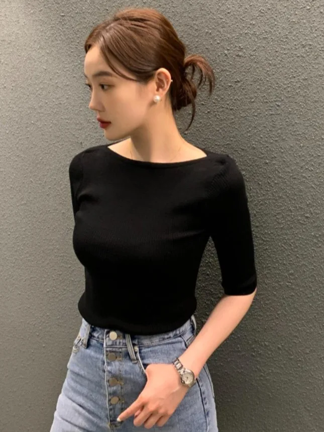 

Облегающий вязаный свитер в полоску, женский винтажный летний повседневный свитер Five-Quarter Sve с цветочной вышивкой, колье Ne Top