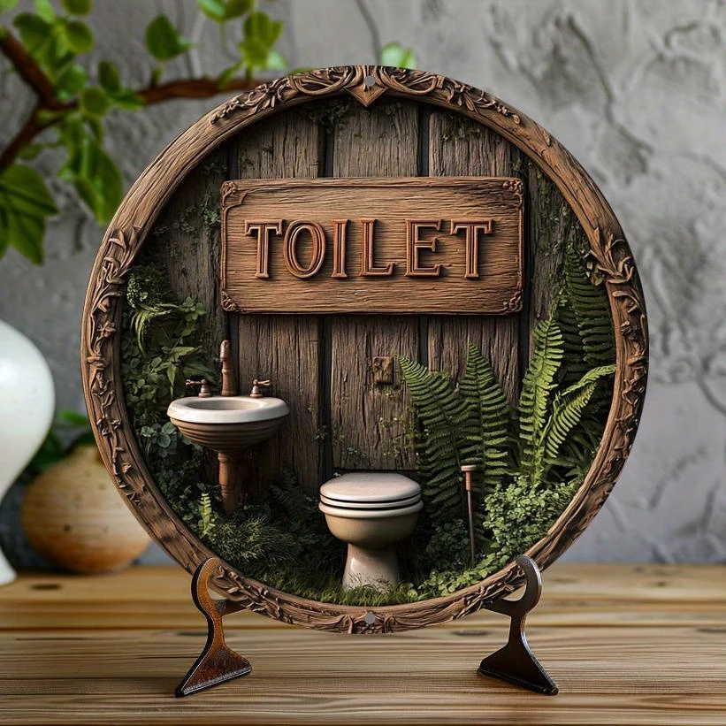 2D 8in جولة لافتة خشبية المرحاض ديكورا الحمام مطعم مقهى مركز تسوق بار - الخشب الحبوب تصميم موجه المجلس