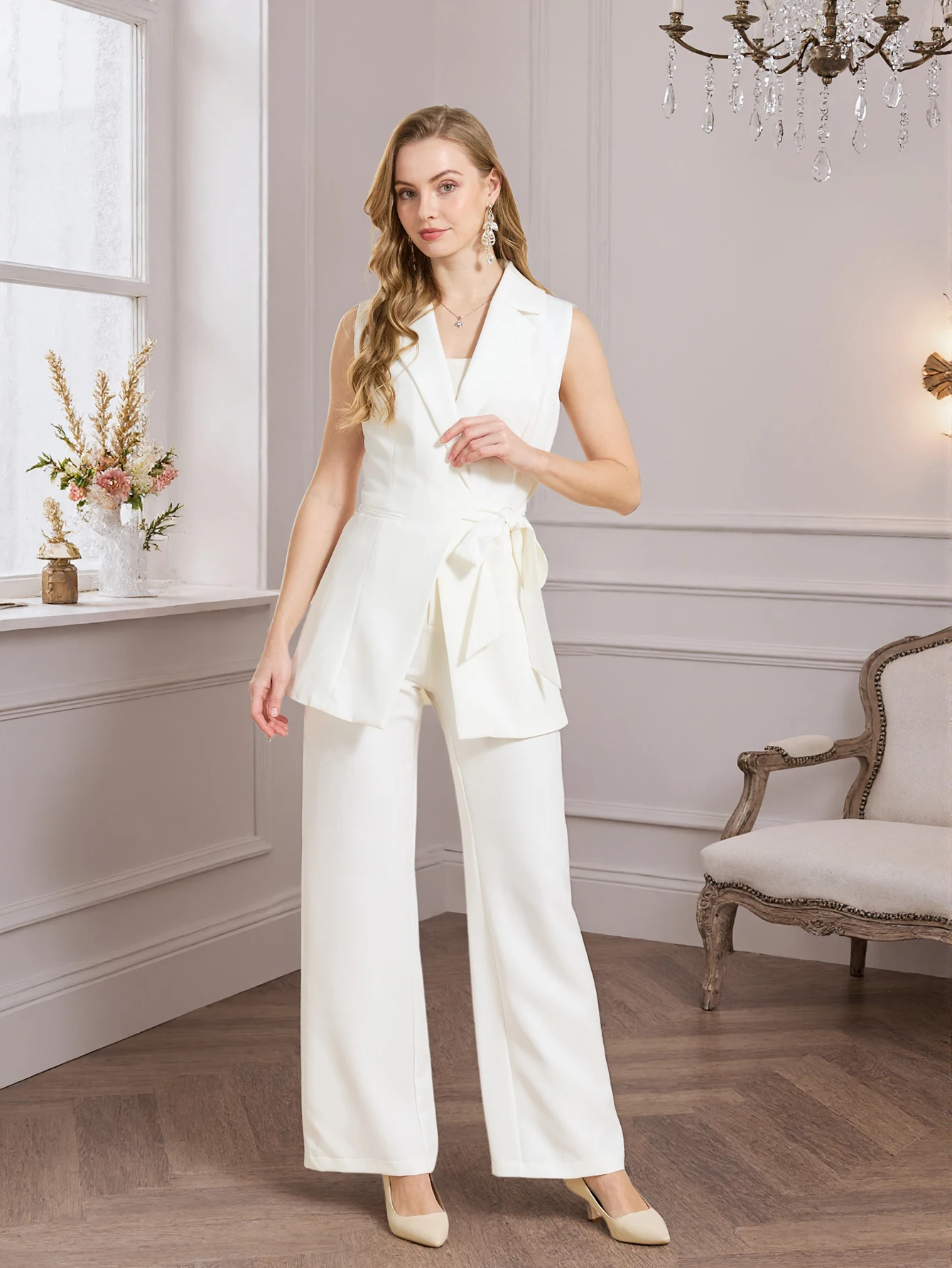 

LayinRarty 2026 Women's 2 Piece Blazer Suits Sleeveless Vest and Wide Leg Pants Summer Office Matching Set