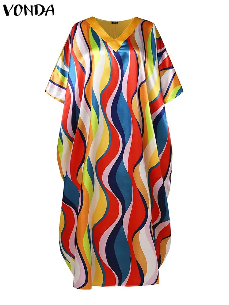 VONDA 2024 Damska letnia satynowa długa sukienka z nadrukiem Maxi Sundress V-Neck Bat Sleeve Casual Loose Party Robe Beach Vestidos