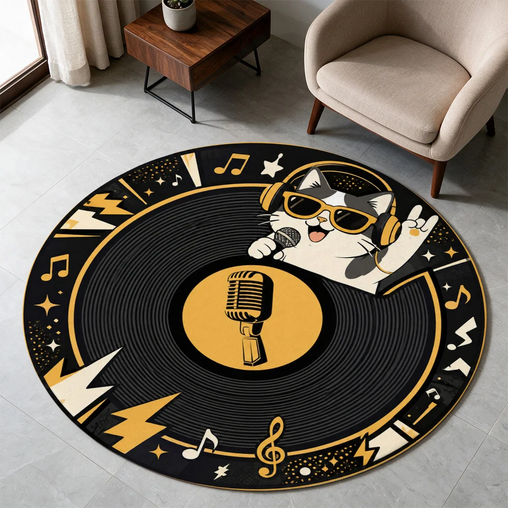 Fun Cat Musician Record Album Mat for Living Room Kitchen Cafe Decor Novelty Floor Rug