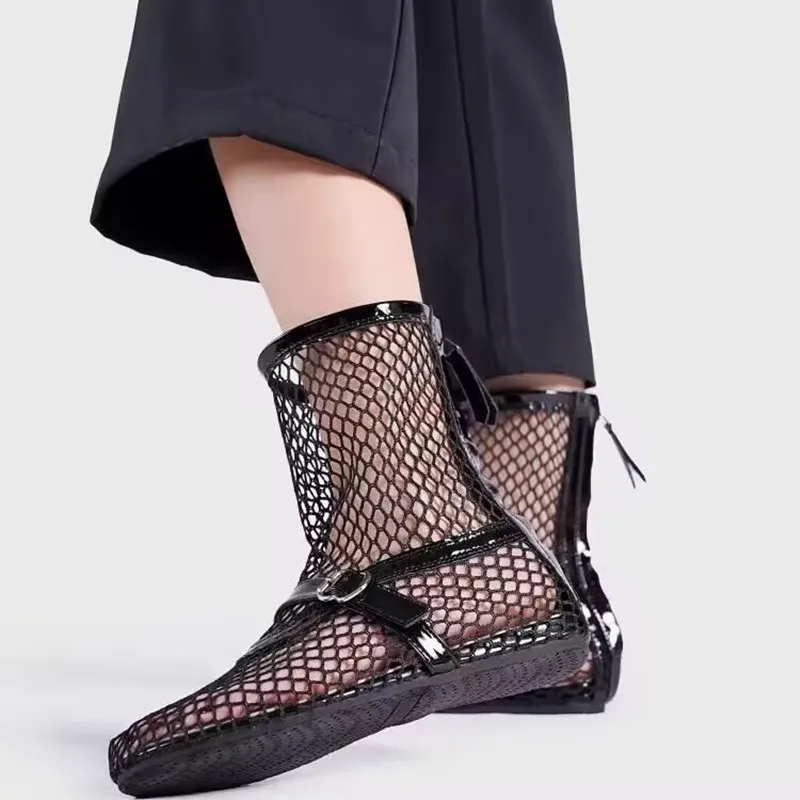 

European And American Hollow-out Mesh Boots 2025 New Summer Women Belt Buckle Flat Ankle Boots Female Fashion Cool Shoes Sandals