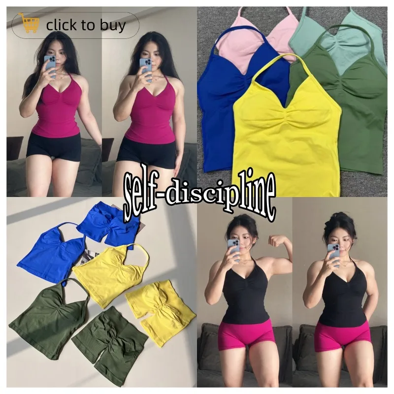 

V-neck Longline Strappy Top Women Seamless Yoga Tank Tops Scrunch Backless Gym Clothes Padded Workout Athletic Sleeveless Shirts