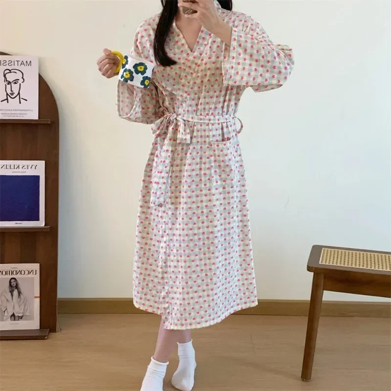 Long sleeve Nightgown Women Japanese Spring and Autumn Kimono Bathrobe Mid-Length Sweet and Cute Plaid Little Love Homewear N...