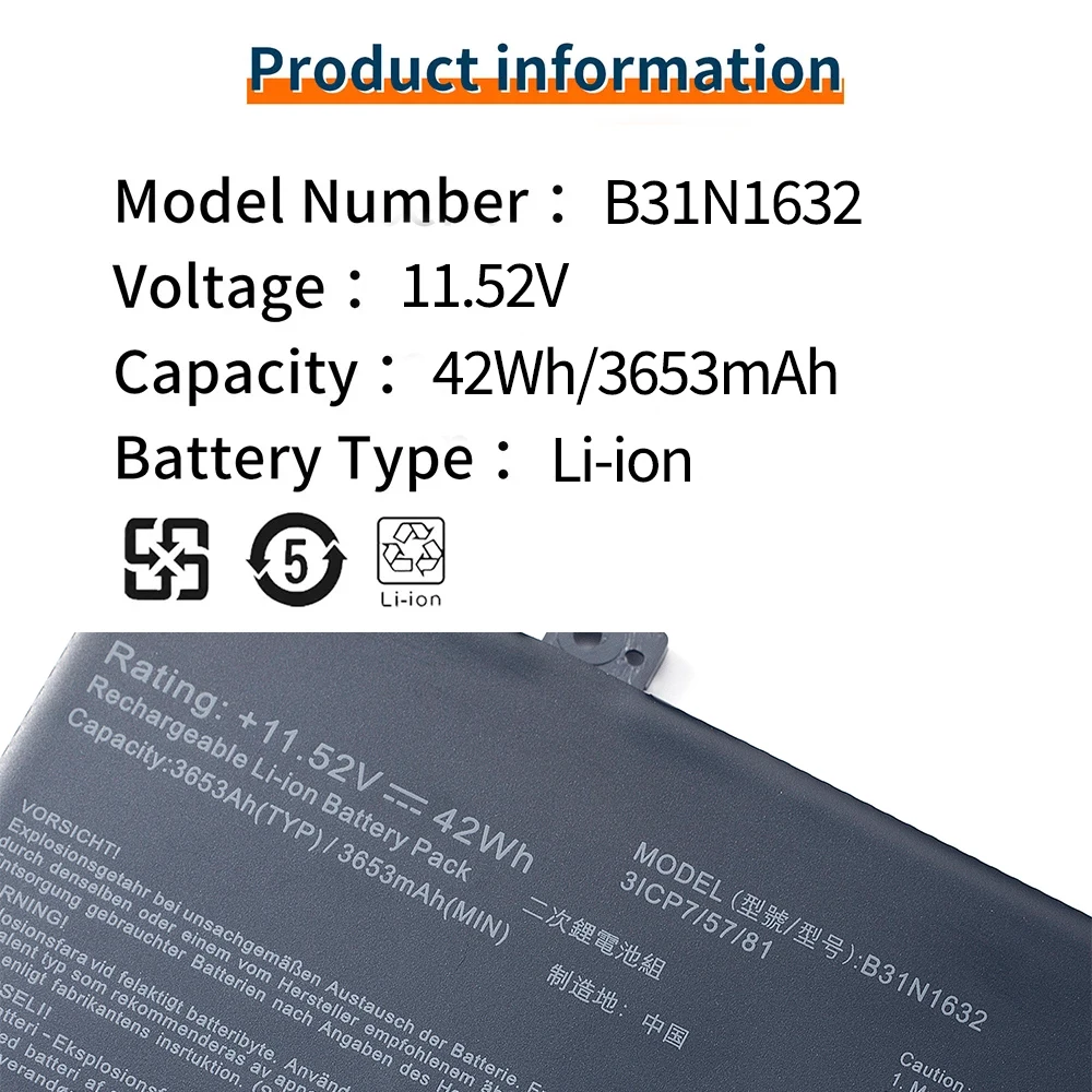 BVBH B31N1632 3653mah/42wh 0B200-02540000 Laptop Battery ASUS ZenBook 14 X405,X405U,X405UA,3ICP5/57/81,0B200-02540000
