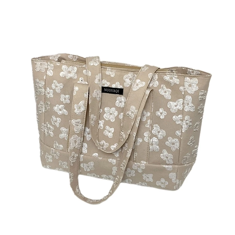 Trendy Flower Embroidered Tote Shoulder Bag with Large Capacity for School and Work 066F
