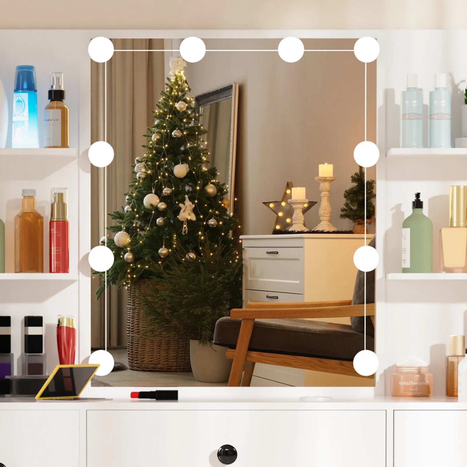 Teousev White Modern Vanity Set with 10 LED Lighted Mirror 5 Drawers & Stool 3 Color Dimmable Easy Assembly Bedroom Dressers image 8