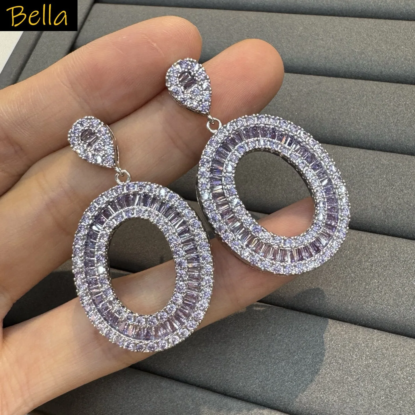 fashion cubic zirconia earrings for women shiny jewelry silver color pink fushia purple circle dangling earrings gala event
