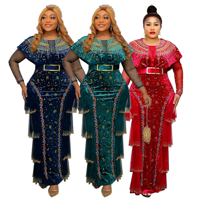 

African Evening Party Dresses for Women Luxury Rhinestones Bodycon Velvet Tierred Ruffles Long Sleeve Maxi Dress Dashiki Robes