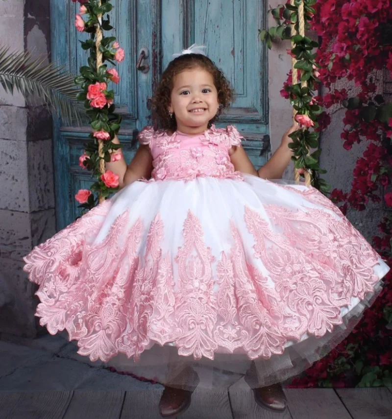 

Pink Lace Appliques Flower Girl Dress For Wedding Tulle With Bow Princess Kids Birthday Party First Communion Gown