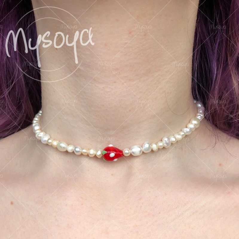 

MYSOYA 5-6mm & 7-8mm Double Step Baroque Freshwater Pearl Necklace with Strawberry Decoration, for Birthday/Wedding Gift A0453