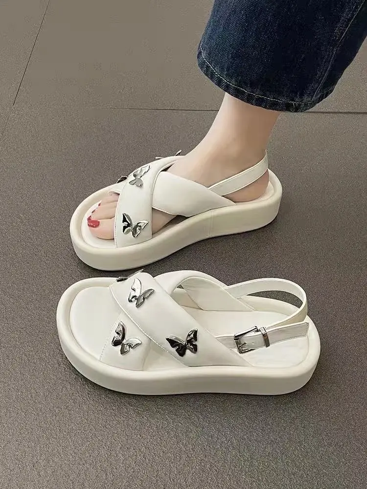 Sandals for Woman Flat Rubber Black Women\'s Shoes Footwear Summer 2024 Open Toe Roman Style Platform Sandal Vip H Asian Size F