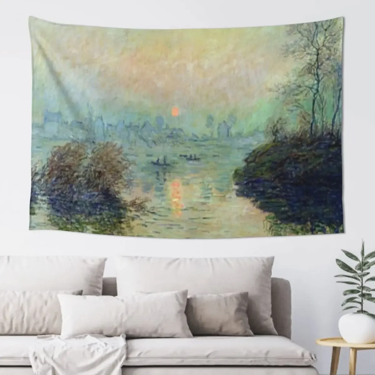 Sun Setting Over The Seine at Lavacourt | Claude Monet Fine Art Tapestry Room Decor Korean Style Decoration For Bedroom Tapestry