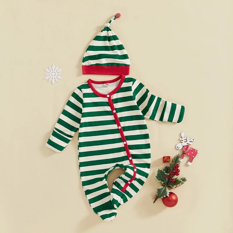 0-24M Baby Boy Christmas Romper Casual Striped Print Button Long Sleeve Jumpsuit with Hat for Infant Toddler Fall Outfit