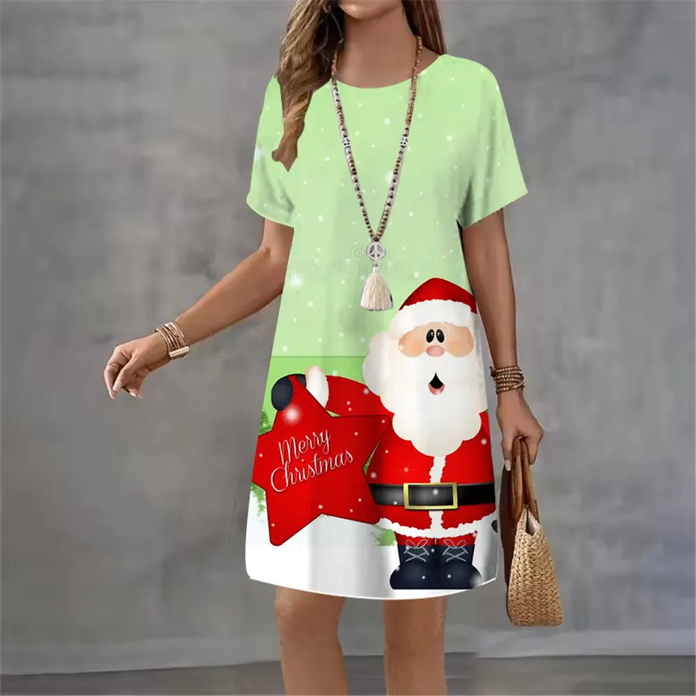 Funny Cute Christmas Tree Print Dresses For Women 2026 New Summer Casual Cartoon Santa Claus Short Sleeve A-Line Dress Vestidos