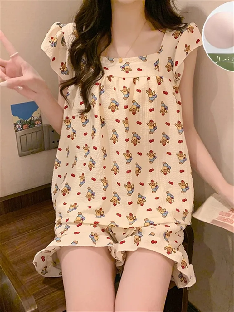 

Summer New Bubble Cotton Strapl Spwear Vest Thin Home Clothes Set with Chest Pad Cute Cherry Bear Girl's Nightgown