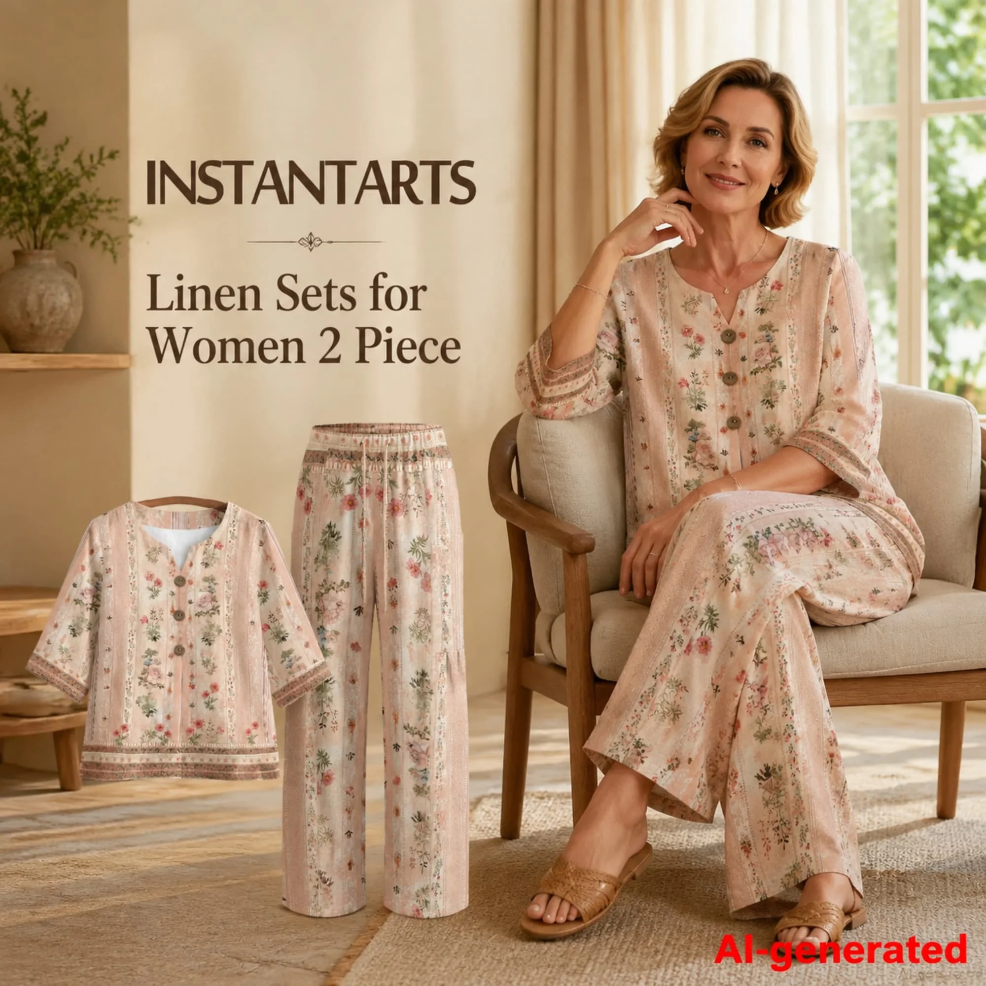 INSTANTARTS Clothing Female Linen Sets Two 2 Pieces Sale V Neck Button Shirts Wide Leg Pants Matching Set Floral Set for Woman