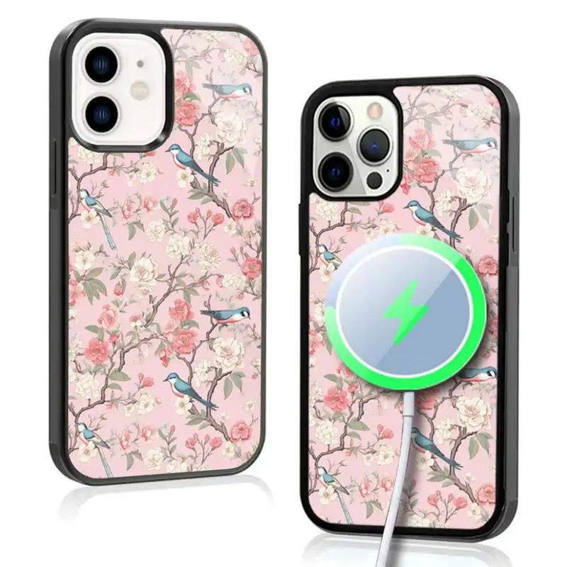 Pink Chinoiserie Birds Phone Case For IPhone 11 12 13 14 15 Plus Pro Max Mirror Acrylic Cover For Magsafe Wireless Charging