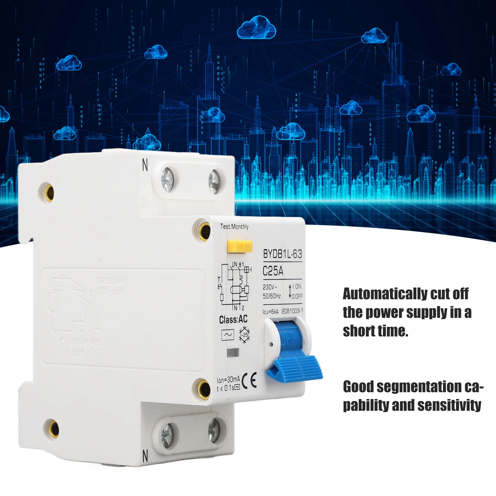 AC Circuit Breaker Leakage Protection Pa66 Sensitive Response 1P+N Circuit Breaker Switch AC 230V 25A
