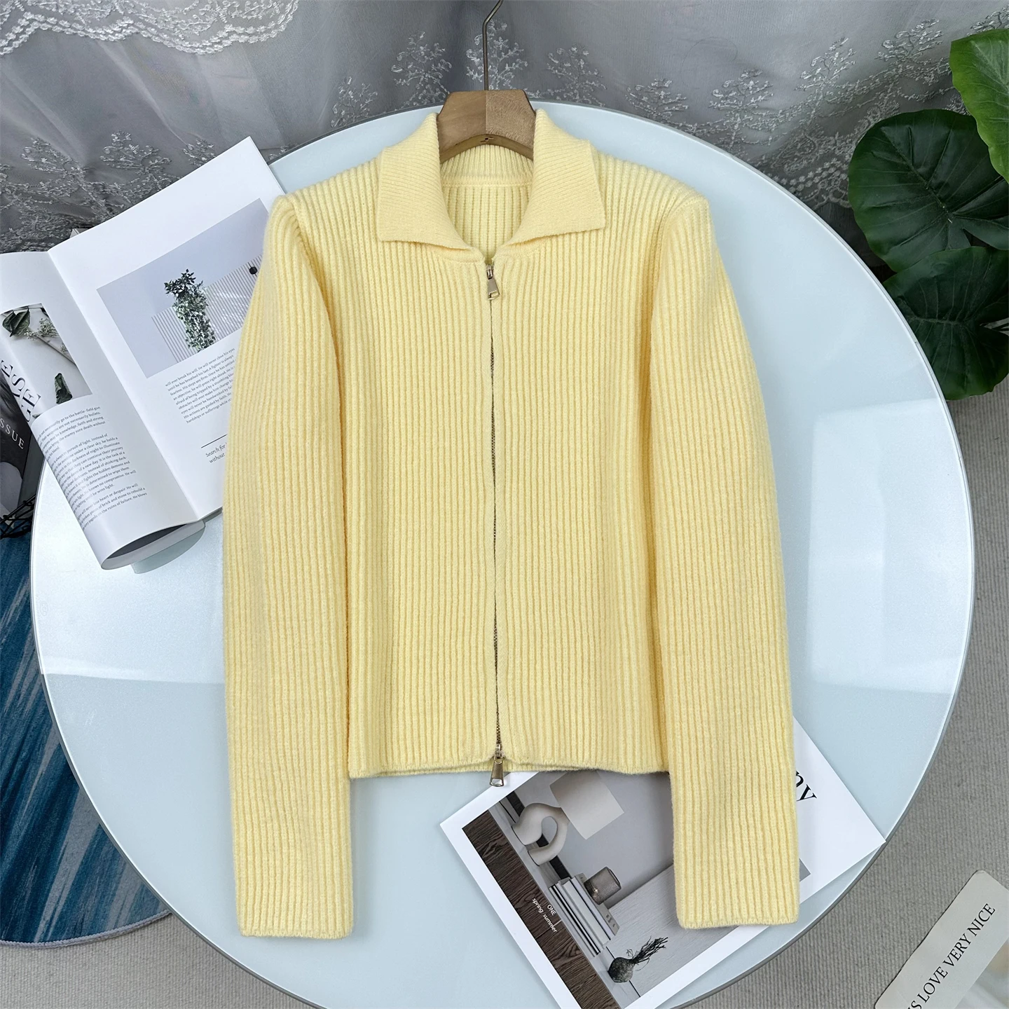 

Spring 2026 Poetic Series Women's Knitted Open Cardigan Sweater Double Zipper Turn-down Collar Slimming Versatile Long Sleeve