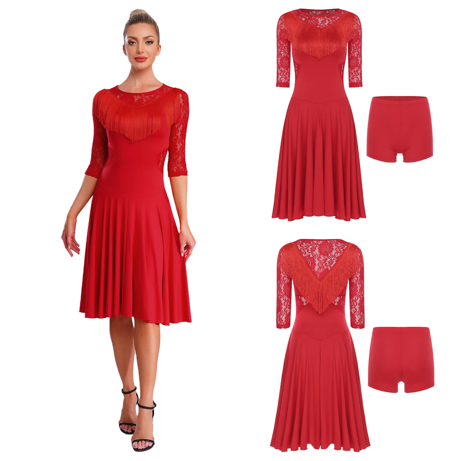 Costume de danse Tango Samba pour femmes, élégant, dentelle florale transparente, pompon fluide, robe de Salsa latine avec short pour danse Chacha Rumba