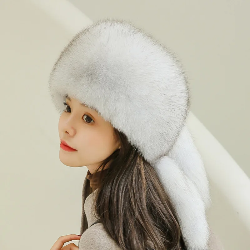 Winter Fox Fur Hats Winter Thick Warm Ears Protection Fashion Bomber Hat Natural Fox Fur Warm Hat Outdoor Windproof Snow Caps