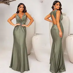 CustomizedSimple V-neck Evening Dress Mermaid Spaghetti Strap Backless Solid Color Prom Gown Women's Floor Length Party Dresses