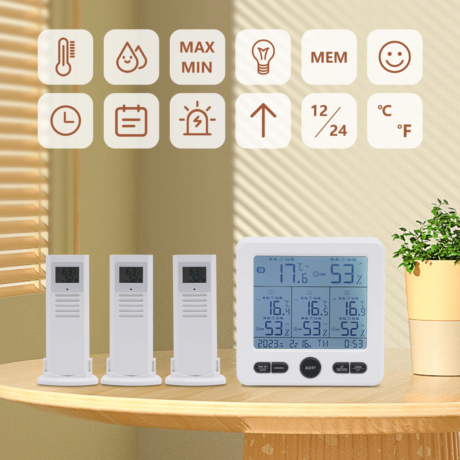 Indoor/Outdoor Thermometer with 3 Wireless Sensors, Display Wireless Digital Temperature Humidity Monitor (Black/White)