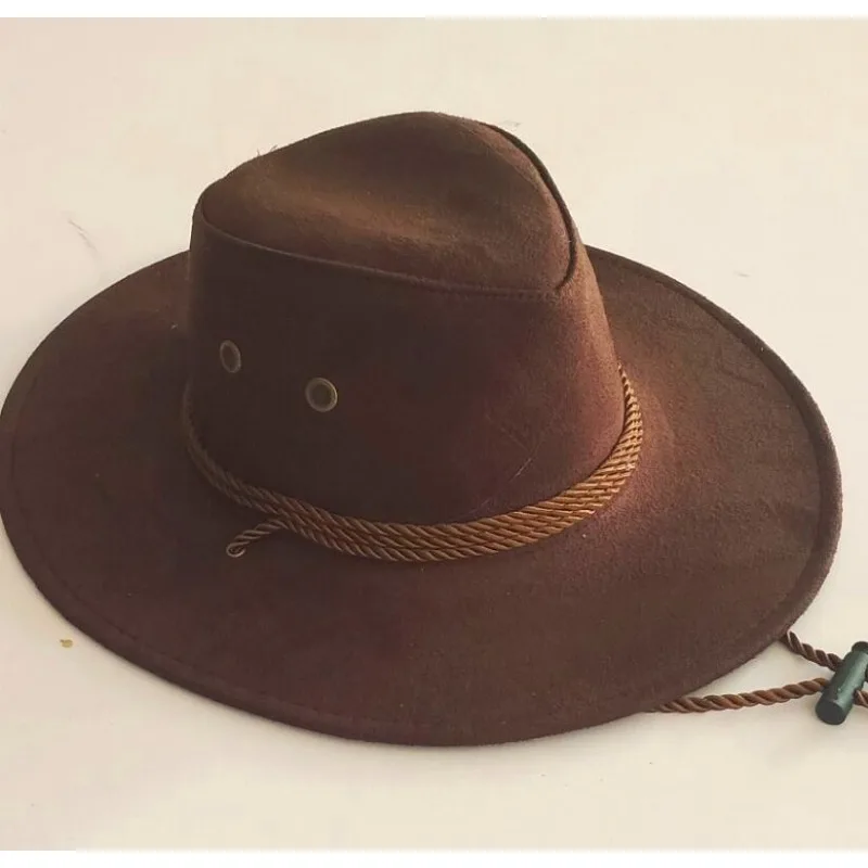 Western Men Rider Hat Deerskin Fleece Cool Sun Cowboy Hat Sand Skin Windproof Accessories Large Rope Solid Color Decoration